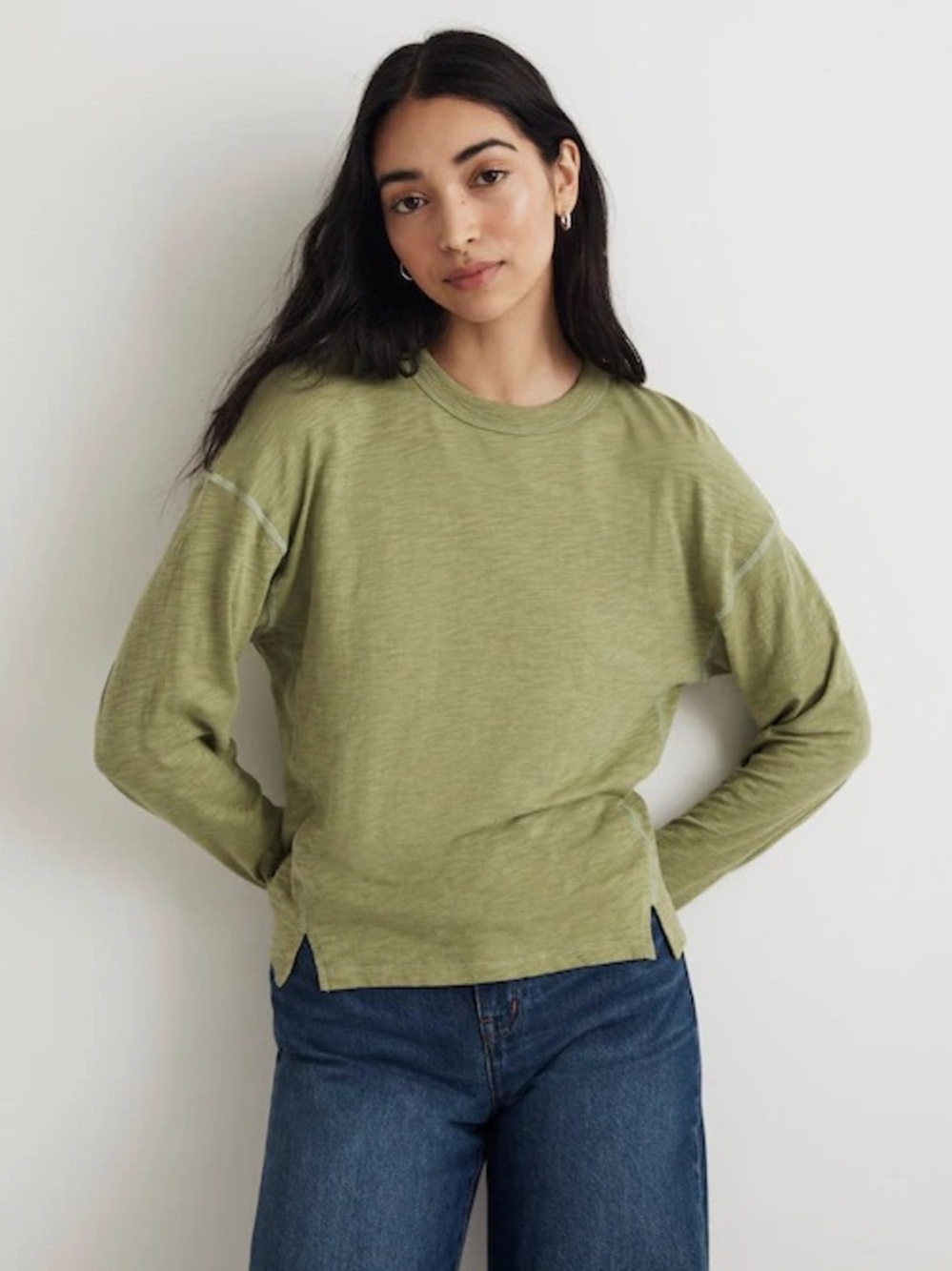 Madewell Slub Relaxed Long Sleeve Tee 100% Cotton Green Small NWOT
